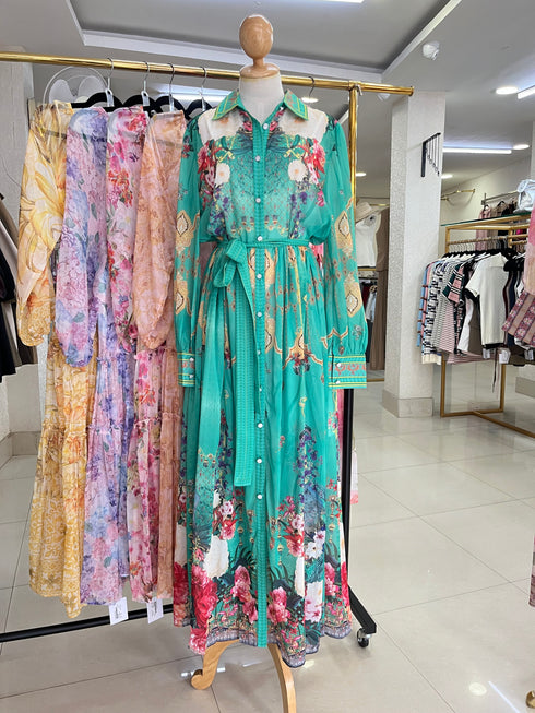 Collar Down Long Sleeves Maxi Dress